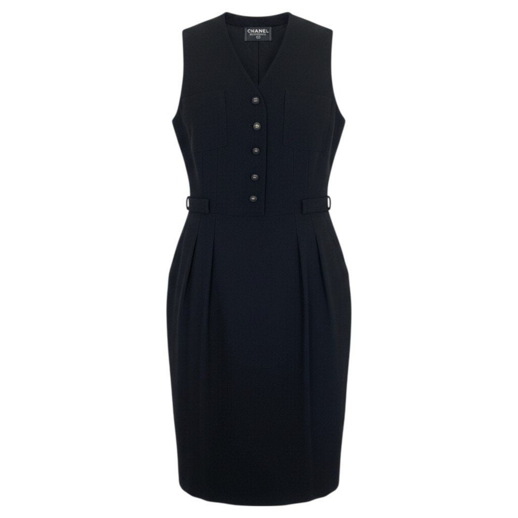 Chanel Sleeveless Ribbed V-neck Dress CC Logo Buttons Black Wool