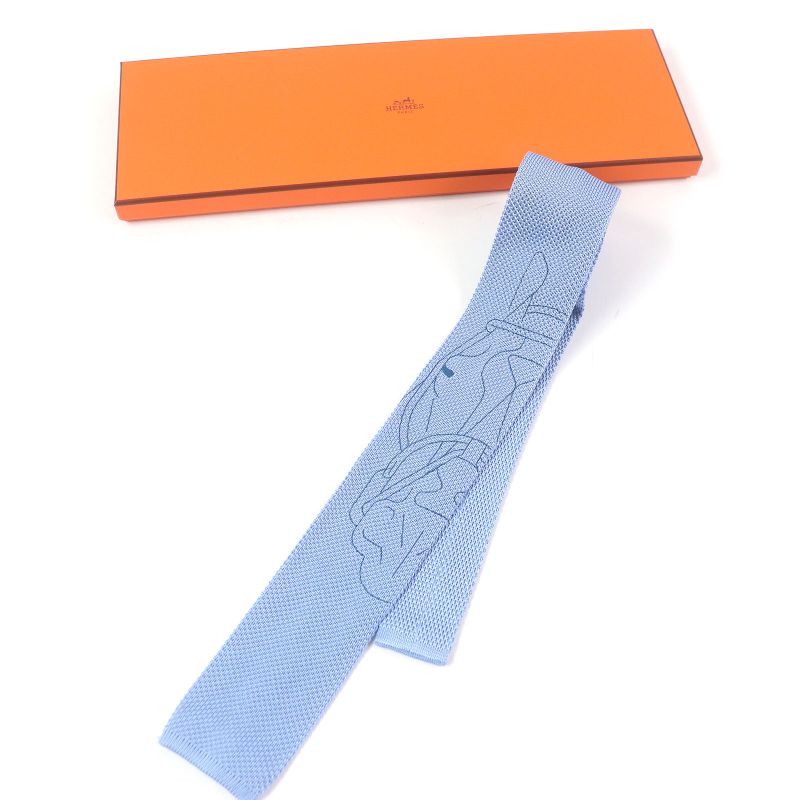 Hermes Tête À Tête Écestre Silk Horse Print Hose H Logo Knit Tie Light Blue