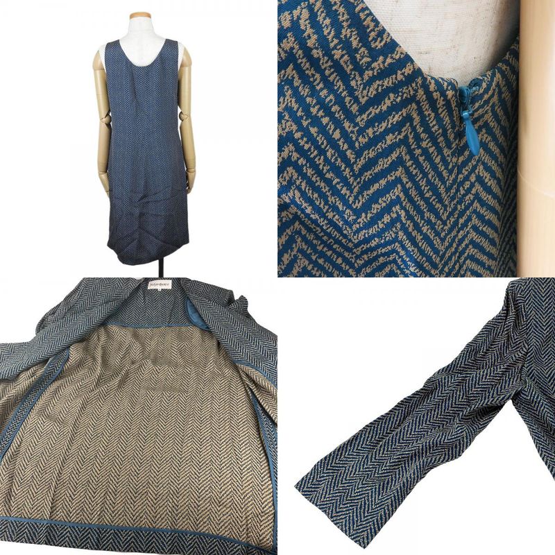 Yves Saint Laurent Ensemble 36 Acetate Rayon Green Beige Dress Jacket Herringbon