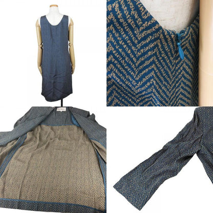 Yves Saint Laurent Ensemble 36 Acetate Rayon Green Beige Dress Jacket Herringbon