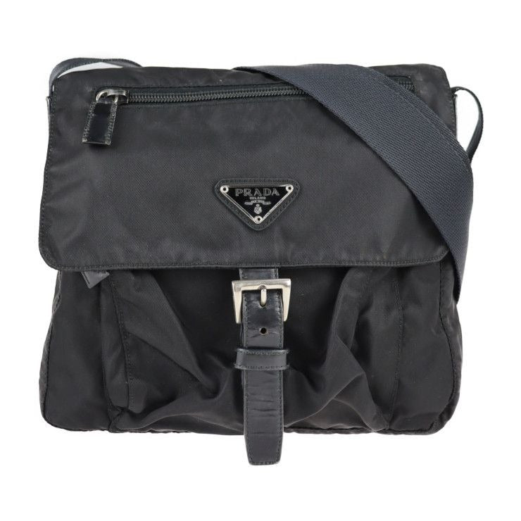 Prada Shoulder Bag B8994 Nylon Leather Black Silver Hardware VELA Triangle Logo