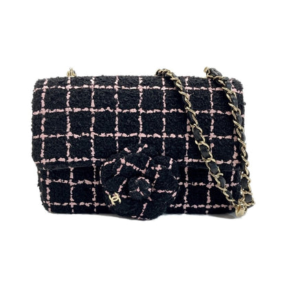 Chanel Coco Mark Camellia Chain Shoulder Bag As4388 Black Pink Tweed