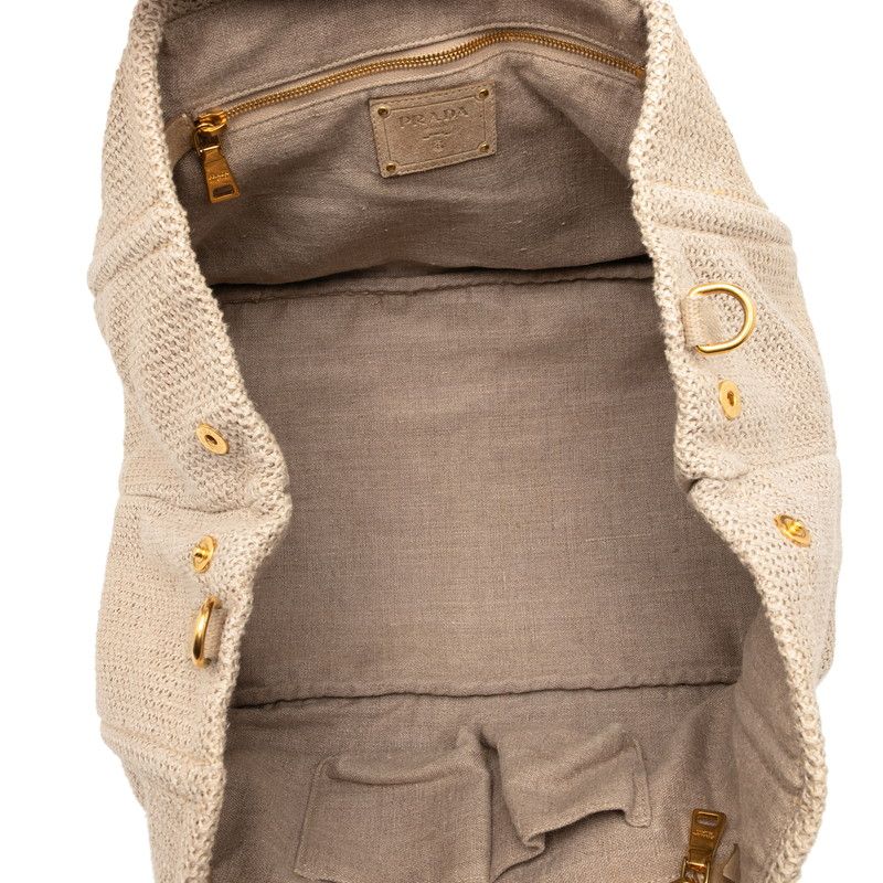 Prada Triangle Logo Plate Tote Shoulder Bag 2WAY Bn2038 Beige Linen Canvas