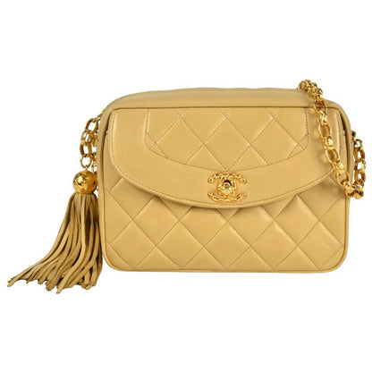 Chanel Shoulder Bag Lambskin Beige Gold Hardware Diana Flap Coco Mark Fringe