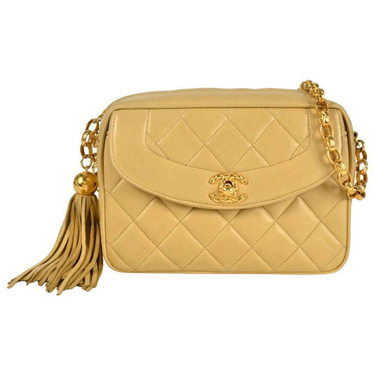 Chanel Shoulder Bag Lambskin Beige Gold Hardware Diana Flap Coco Mark Fringe