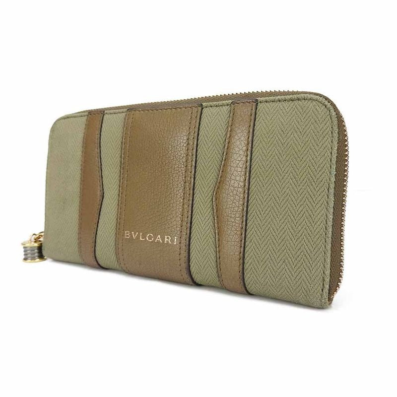 Bulgari Long Wallet B.zero1 Canvas Leather Brown Khaki Round Zipper
