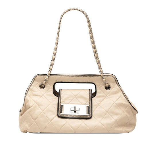 Chanel 255 East West Handbag Chain One Shoulder Bag Ivory Silver Lambskin Women