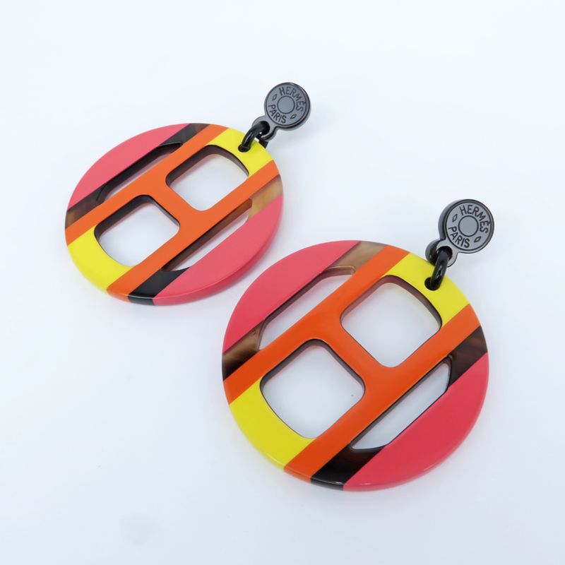Hermes Earrings H Equipe Buffalo Horn Pair Multicolor Pink Accessories
