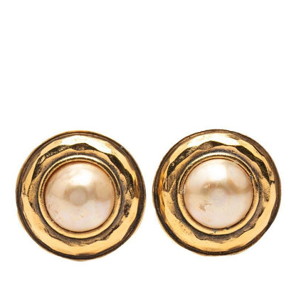 Chanel Round Gold Plated Earrings Faux Pearl