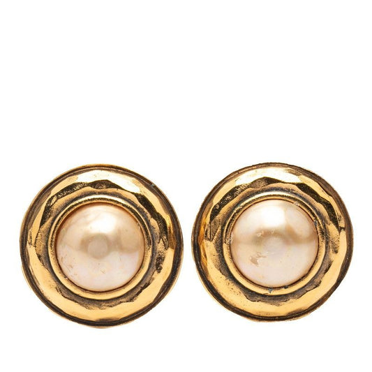 Chanel Round Gold Plated Earrings Faux Pearl