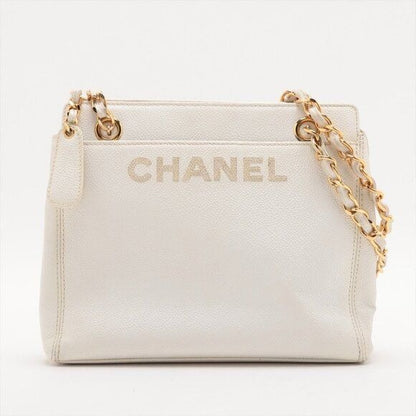 CHANEL CC Logo Tote Bag Caviar Leather Chain Shoulder Bag White Purse