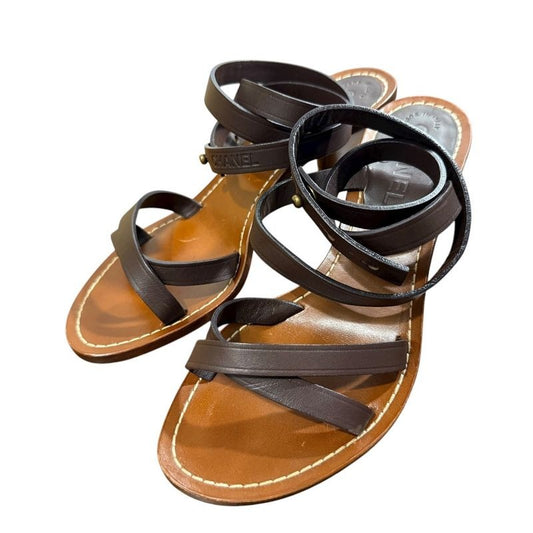 Chanel Coco Mark Leather Ankle Strap Sandals Size 35 1 2