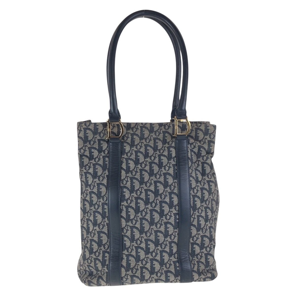 Dior Trotter Navy Gold Canvas Leather Tote Shoulder Bag