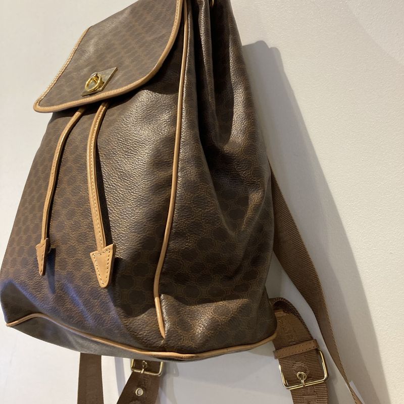 Celine M16 1 OLD Macadam Pattern Tape Logo Leather Backpack Women Brown -