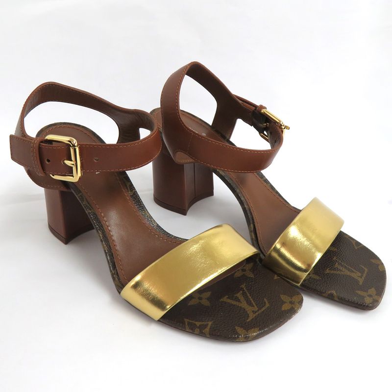 Louis Vuitton Monogram Ankle Strap Heel Sandals Brown Gold 36 1 2