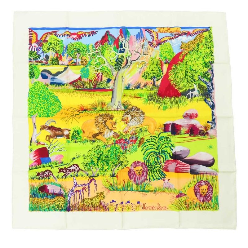 Hermes Carre 90 NUBA Mountain Scarf Silk White Multicolor Animal