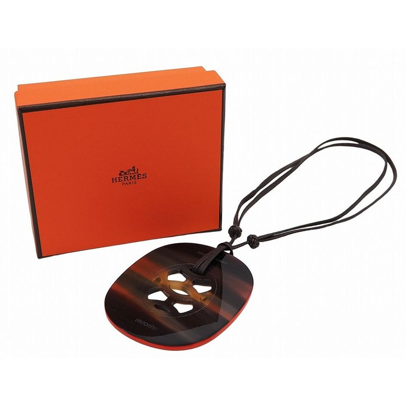 Hermes Lift GM Buffalo Horn with String Dark Brown Orange Pendant Necklace