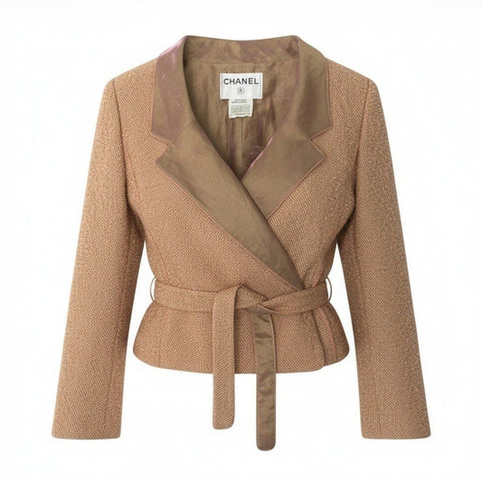 Chanel C Vintage Tweed Jacket Short Length Waist Ribbon 38 Beige