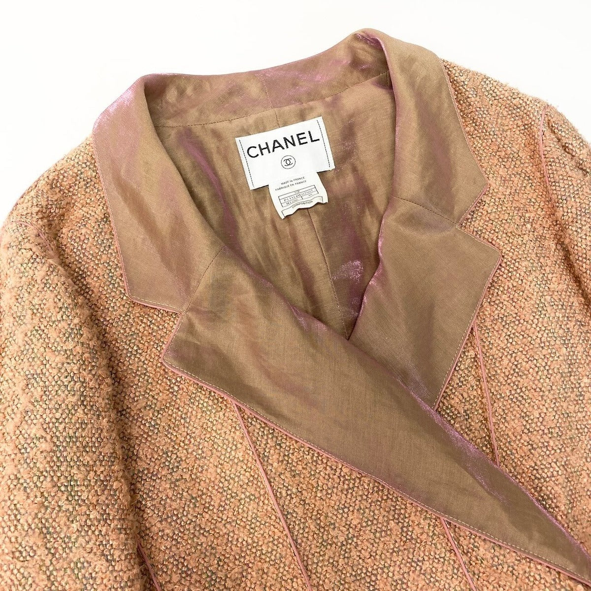 Chanel C Vintage Tweed Jacket Short Length Waist Ribbon 38 Beige — view 4