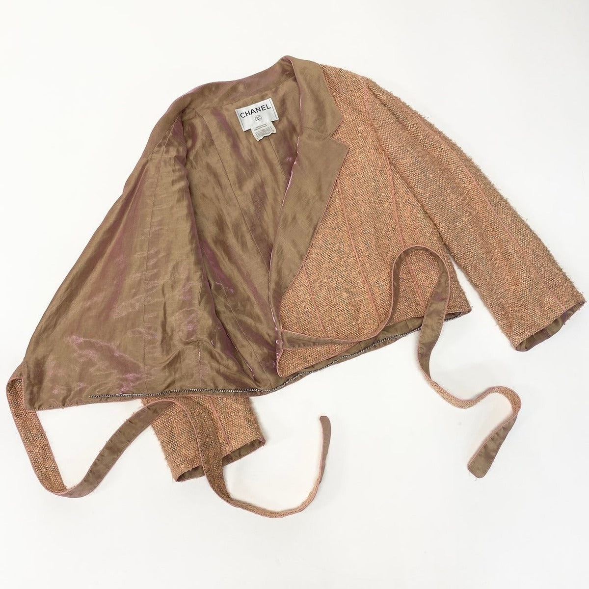 Chanel C Vintage Tweed Jacket Short Length Waist Ribbon 38 Beige — view 6