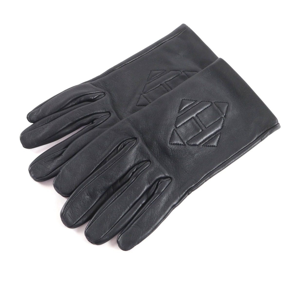 Hermes Lining Silk H Logo Lamb Leather Gloves Black 7.5