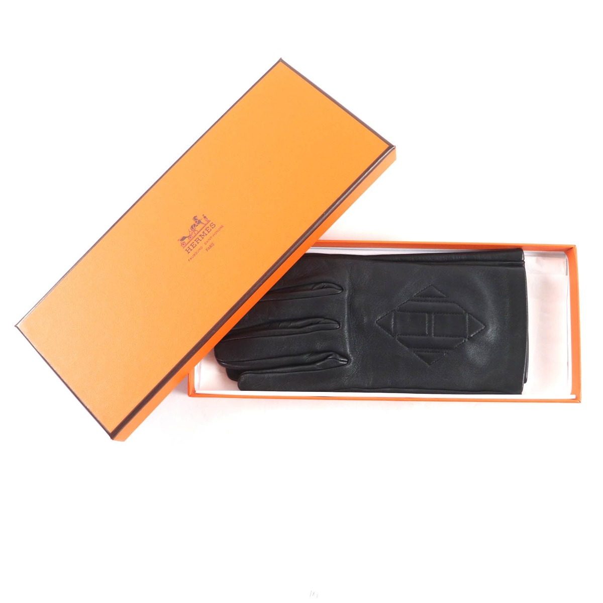 Hermes Lining Silk H Logo Lamb Leather Gloves Black 7.5 — view 2