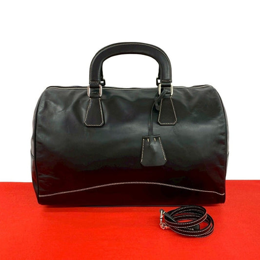 Prada Logo Stitch Leather 2-Way Shoulder Bag Black