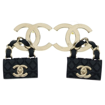 Chanel Quilted Motif Earrings Black Gold