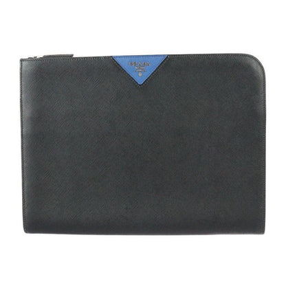 Prada Document Case Second Bag 2 Vn003 Leather Black Blue Silver Hardware