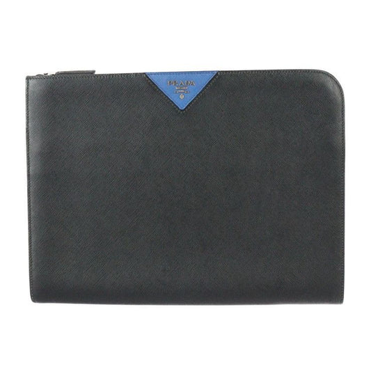 Prada Document Case Second Bag 2 Vn003 Leather Black Blue Silver Hardware