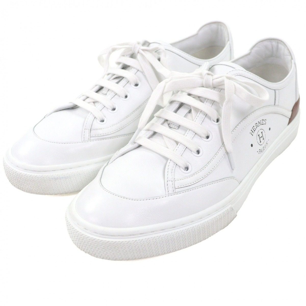 Hermes Get Leather Logo Print Lace Up Low Cut Sneakers White Brown 42
