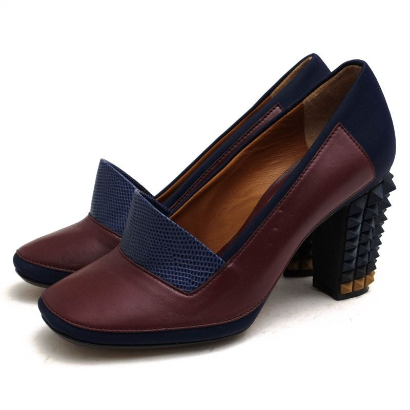 Fendi Pumps Shoes Women Leather Navy Blue High Heels Bicolor Studded
