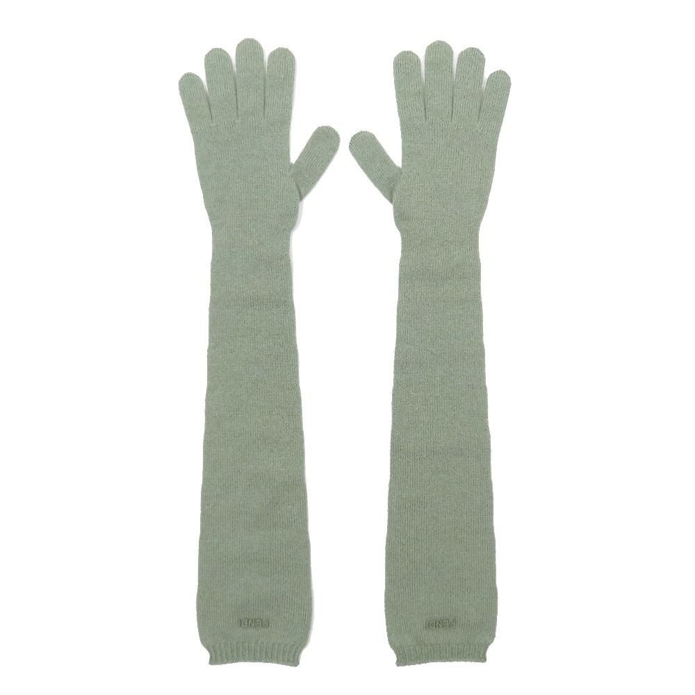 Fendi Cashmere Knit Long Gloves Arm Cover Logo Five Fingers Green