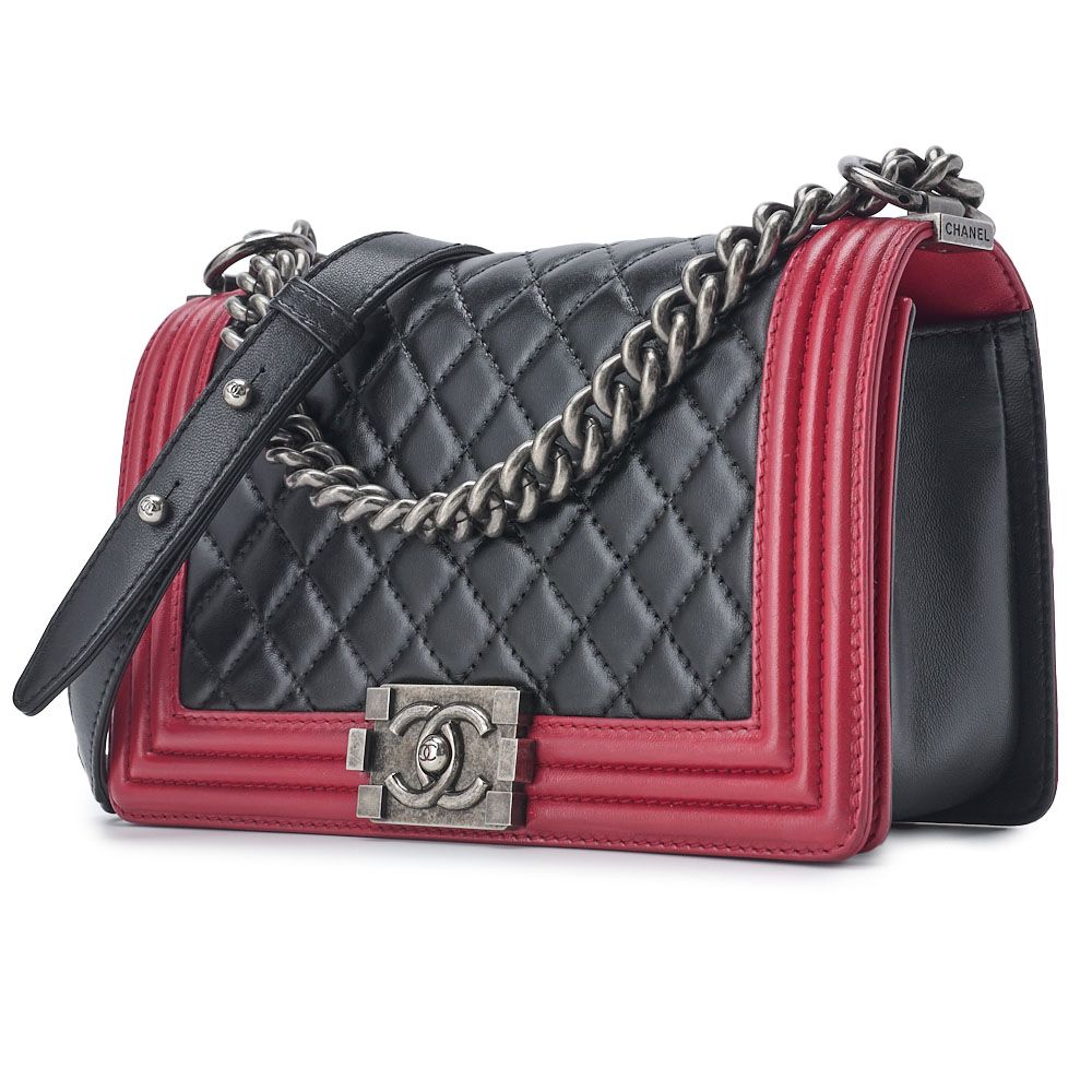 Chanel Boy Chanel Matelasse Chain Shoulder Lambskin Black And Red (silver