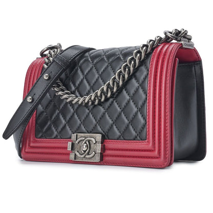 Chanel Boy Chanel Matelasse Chain Shoulder Lambskin Black And Red (silver