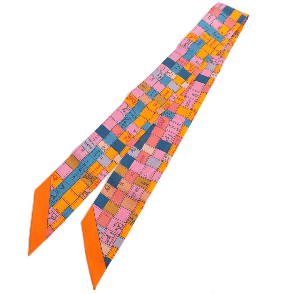 Hermes Twilly Bolduc Check Silk Orange Multicolor Scarf