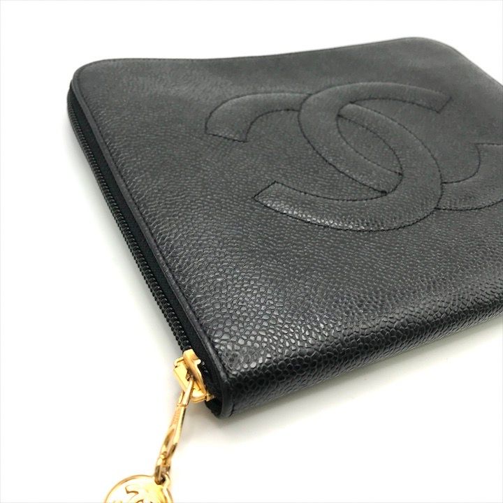 Chanel CC Logo Caviar Leather Mini Pouch Second Black