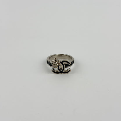 Chanel CC Logo Camellia Ring Silver Black Vintage