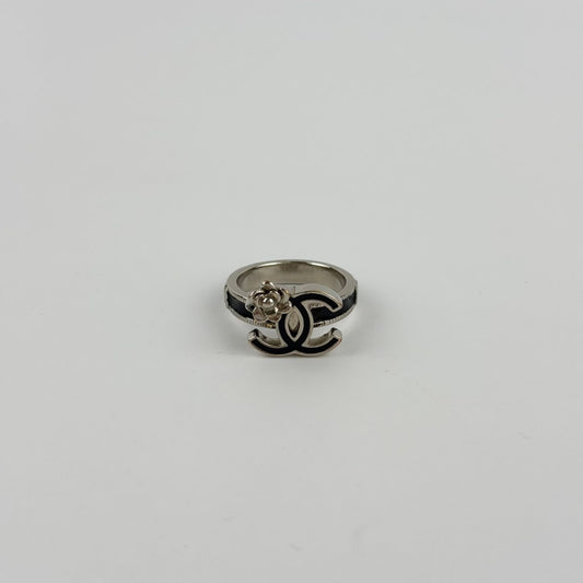 Chanel CC Logo Camellia Ring Silver Black Vintage