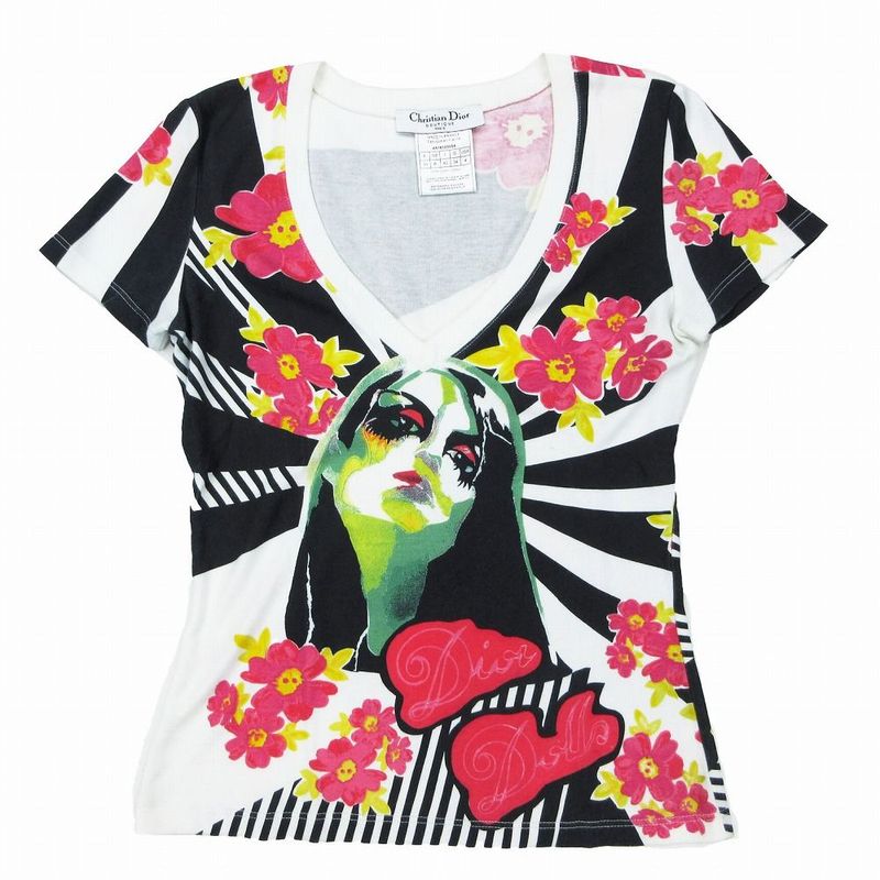 Christian Dior 04ss Dolls Stripe Floral V-Neck T-Shirt Short Sleeves Size M