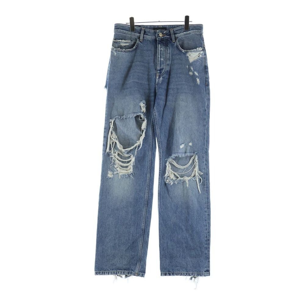 Balenciaga Ripped Distressed Midi Straight Denim Pants Indigo
