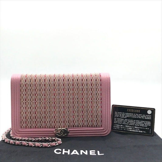 Chanel CC Logo Line Stone Chain Wallet Shoulder Bag Pink