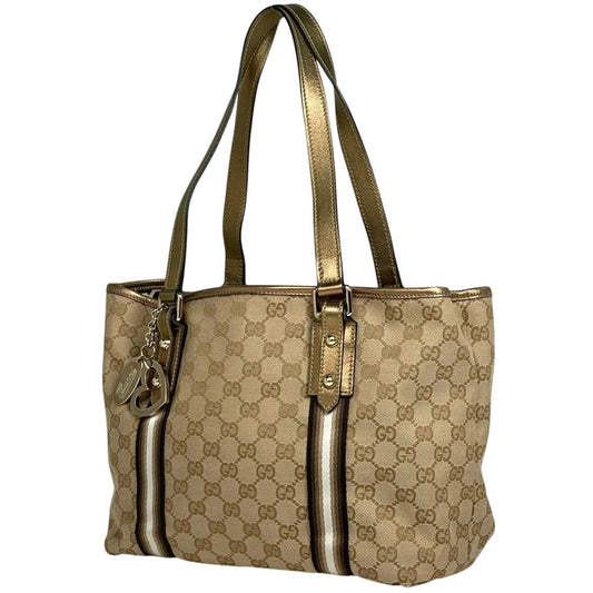 Gucci GG Pattern Tote Shoulder Bag Heart Charm Canvas Beige Gold