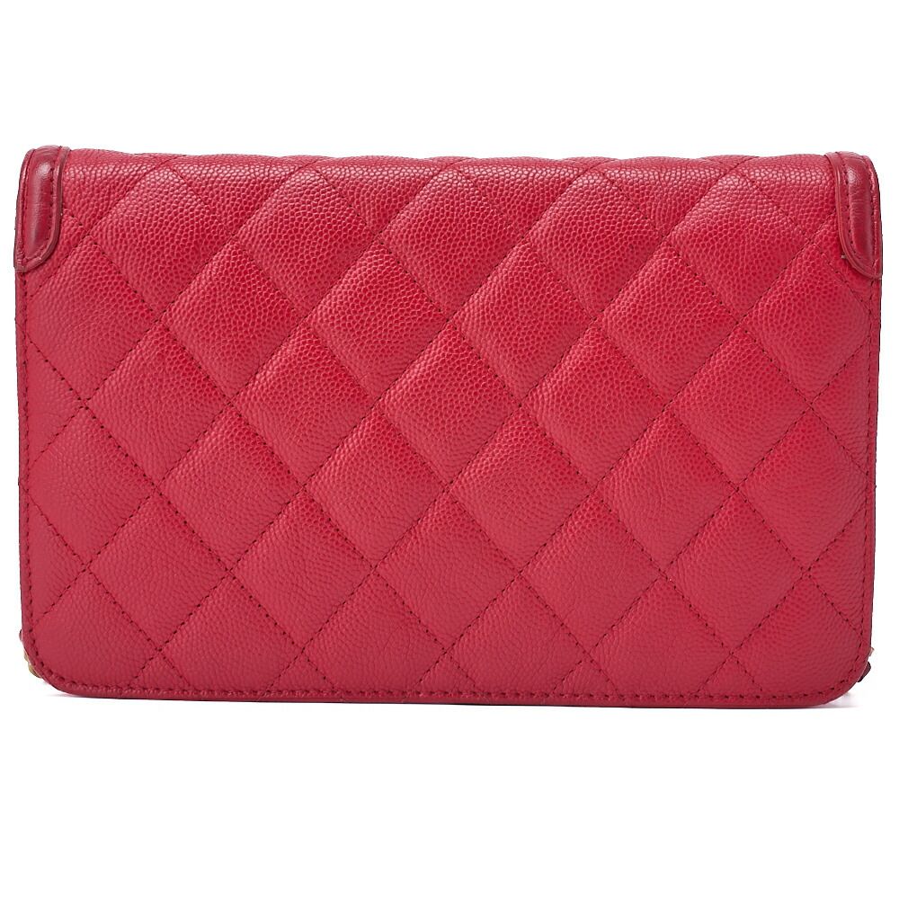 Chanel Shoulder Bag Chain Wallet Matelasse Caviar Skin CC Filigree Red Gold