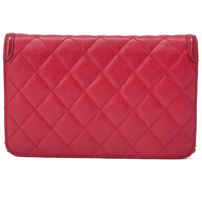 Chanel Shoulder Bag Chain Wallet Matelasse Caviar Skin CC Filigree Red Gold