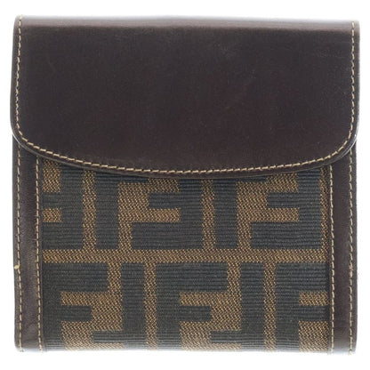 Fendi Zucca Pattern Bifold Wallet Compact Card Case Brown Leather