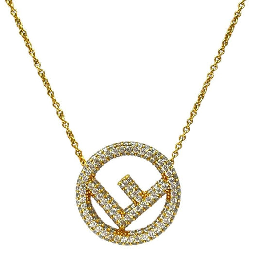 Fendi Is FF Logo Long Necklace Pendant Gold Line Stone Classic Luxury Glamorous