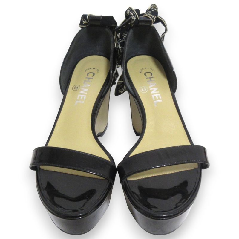 Chanel Patent Leather Platform Ribbon Ankle Strap Heeled Sandals 37.5 Approx