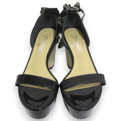 Chanel Patent Leather Platform Ribbon Ankle Strap Heeled Sandals 37.5 Approx