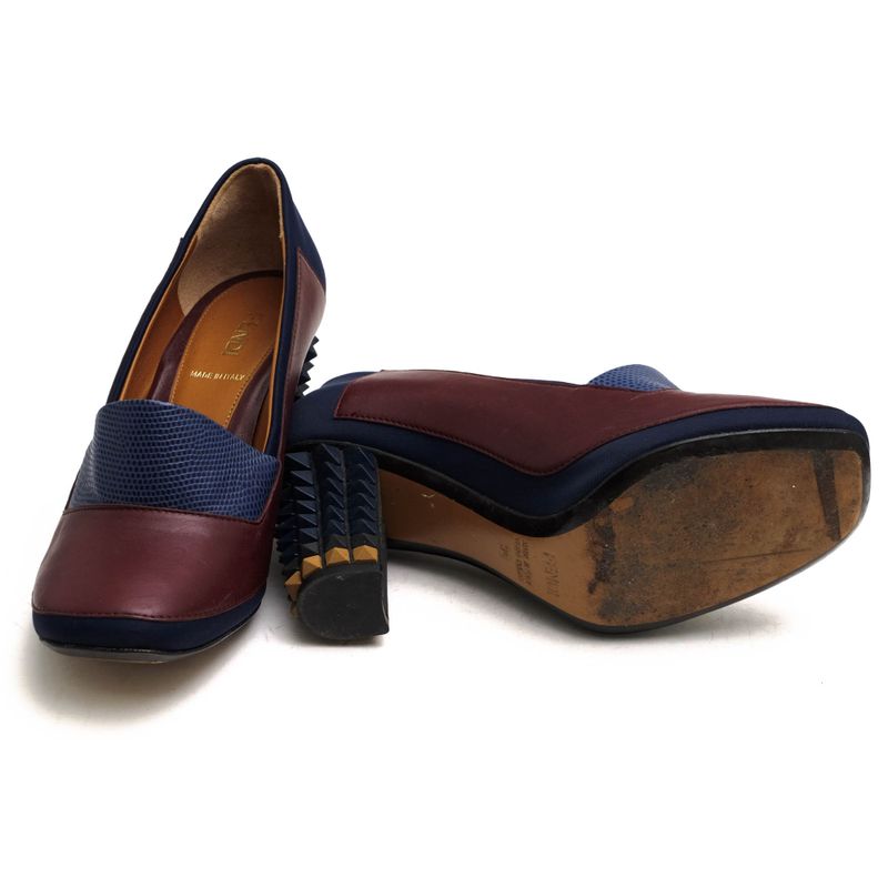 Fendi Pumps Shoes Women Leather Navy Blue High Heels Bicolor Studded